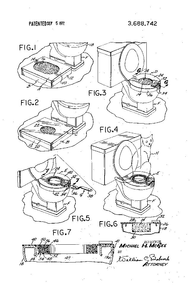 Cat patent illustration – US3688742-1 cat toilet training device