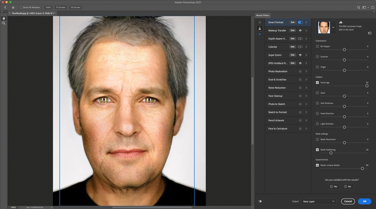 neural filters paul rudd facial age example